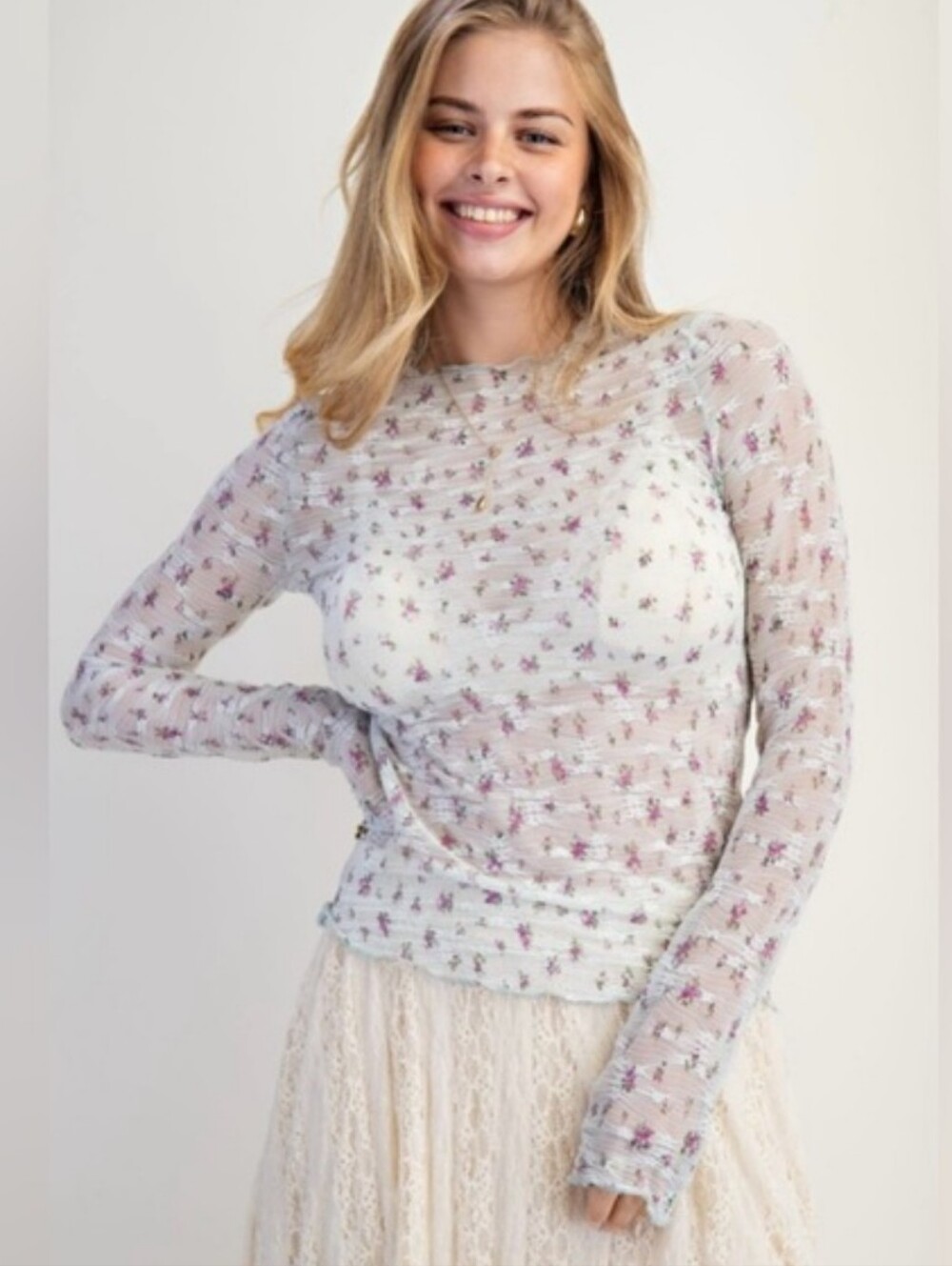 Easel Semi Sheer Baby Blue Floral Lace Layering Top